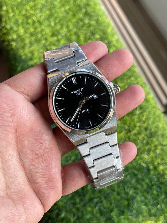 THE TISSOTT PRX BLACK DIAL STAINLESS STEEL WATCH