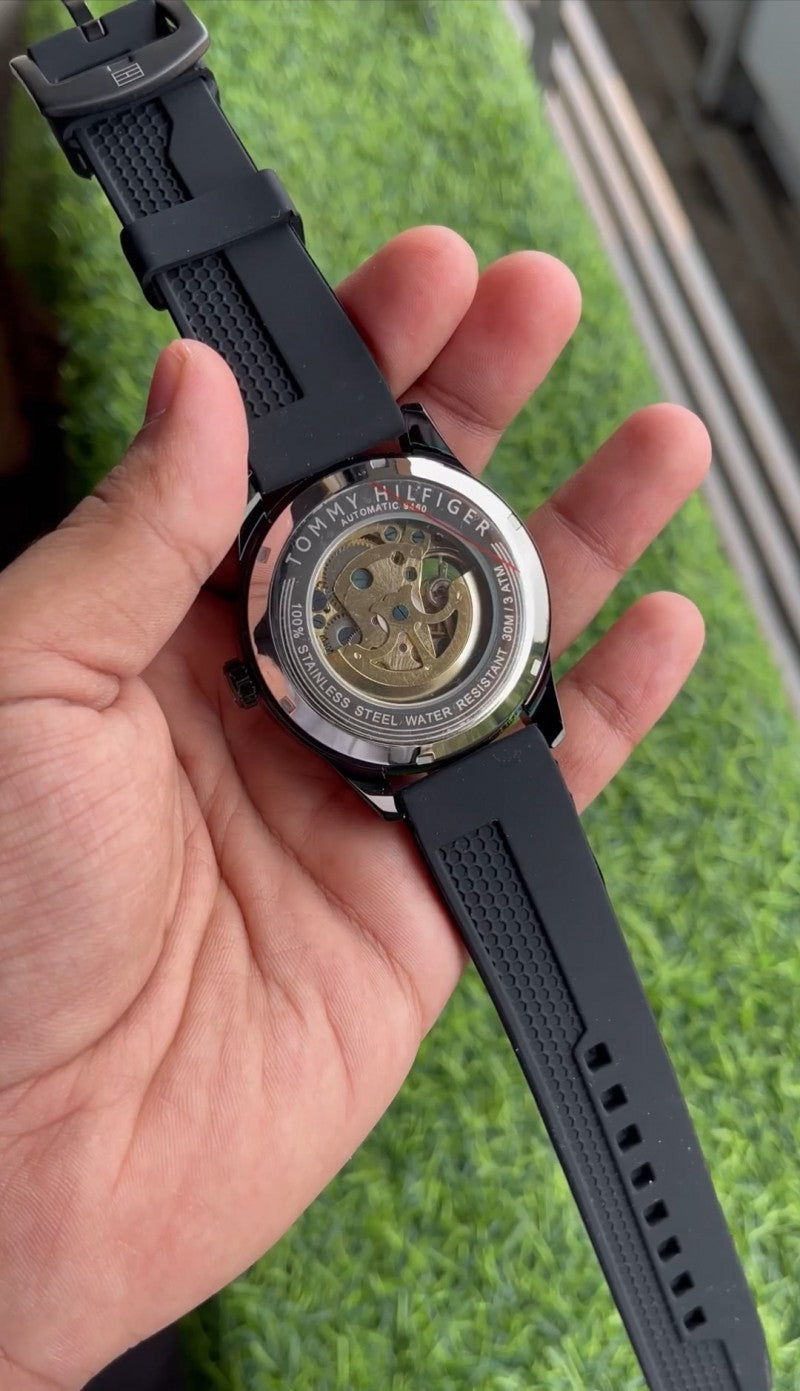 TOMMY HILFIGER AUTOMATIC FULL BLACK SILICON BELT