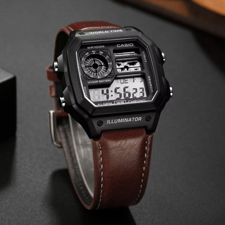 CASIO AE1200WHD FULL BLACK DIAL BROWN LEATHER