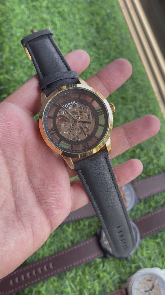 Fossill Townsman black and gold automatic leather belt