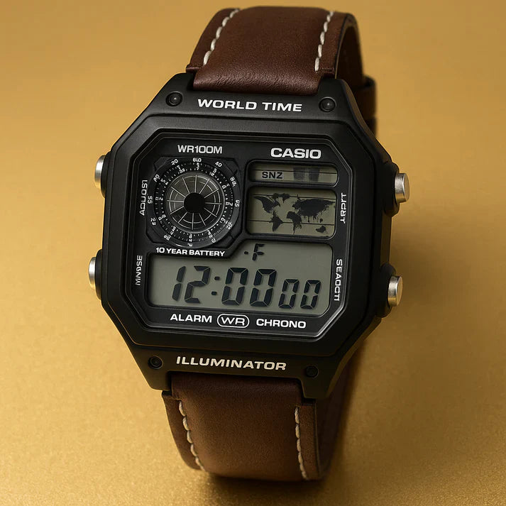 CASIO AE1200WHD FULL BLACK DIAL BROWN LEATHER