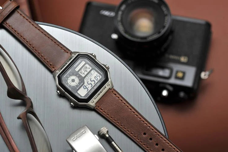 CASIO AE1200WHD SILVER DIAL BROWN LEATHER
