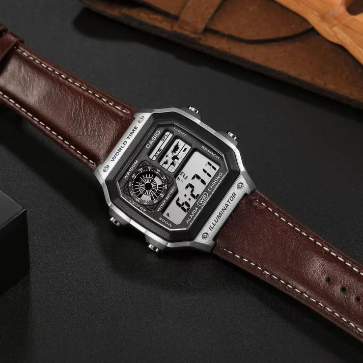 CASIO AE1200WHD SILVER DIAL BROWN LEATHER